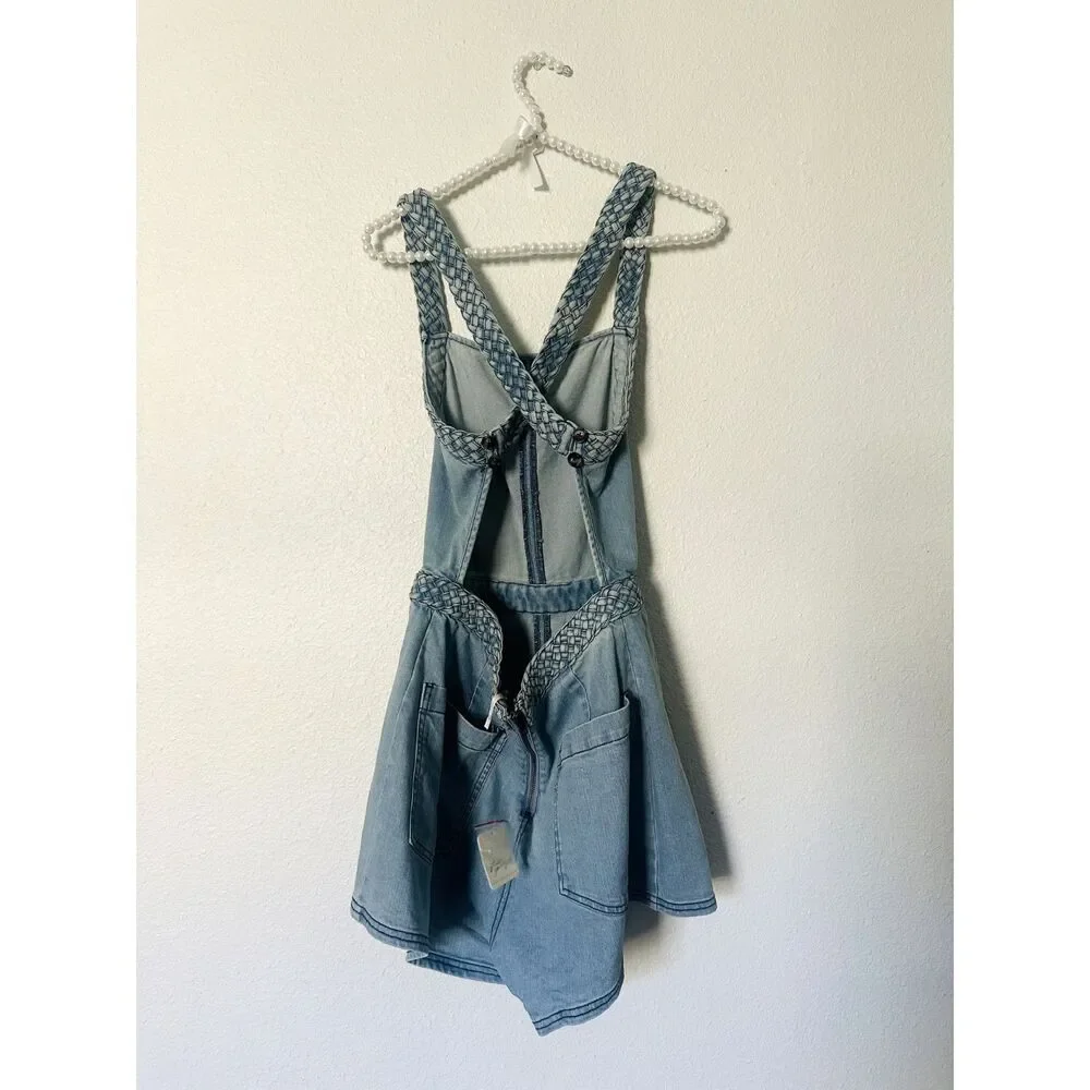 Free People Revolve Denim Romper S Open Back Retro Festival Y2K Trip Blue Karina